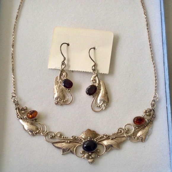 2 pc Vintage Silver Necklace and Earrings w/semi precious stones (925) - Picture 1 of 12